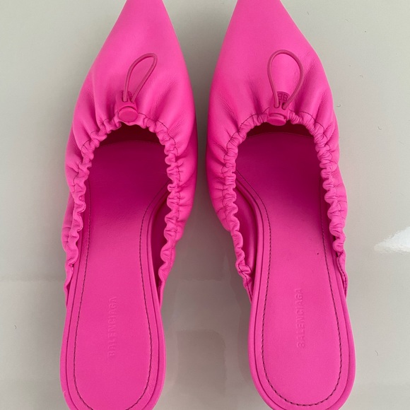 Balenciaga Drawstring Neon Pink Kitten Heel Mules - Picture 5 of 11